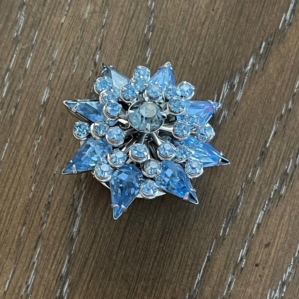 Vintage Rhinestone Brooch Blue Cluster‎ Sparkly Pin Costume Fashion